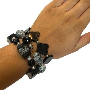 SET 3 BLACK GRAY STONES STRETCH BRACELETS‎